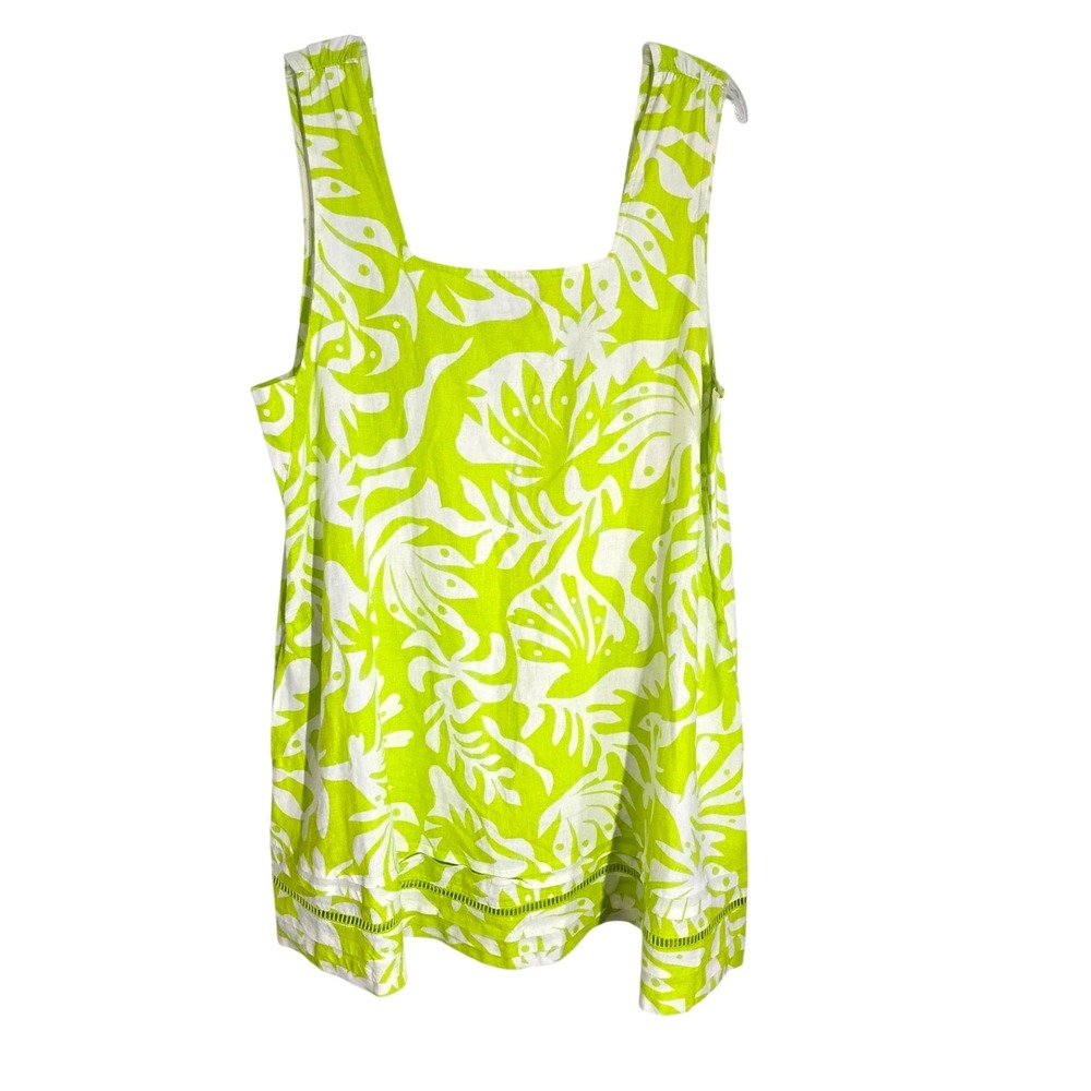 Rachelā Zoe Lime Green White Tropical Leaf Linen Blend Tiered Tunic Dress XL